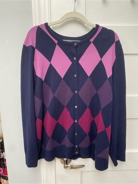 Cashmere Navy and Pink Argyle Button-Front Women's Sweater plus size